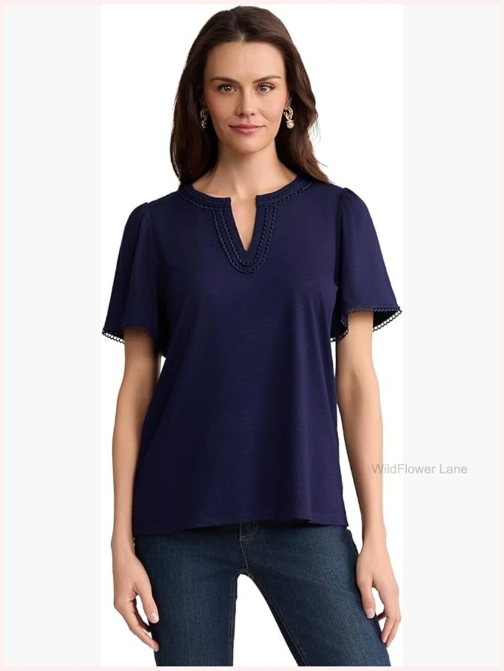 Drapey Slub Short Sleeve Split Neck Top - Lightweight Stretch Blouse